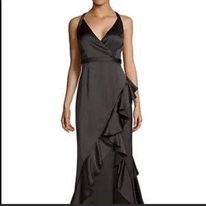 NWT Aiden Mattox Black Halter Cross Back Gown with Ruffles